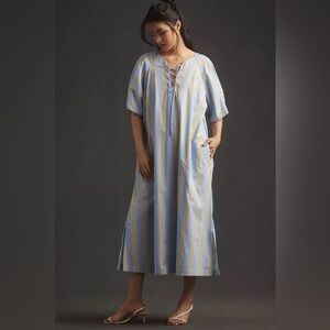 NEW Anthropologie Maeve Short Sleeve Crossover Midi Dress Stripe Blue XL NWT